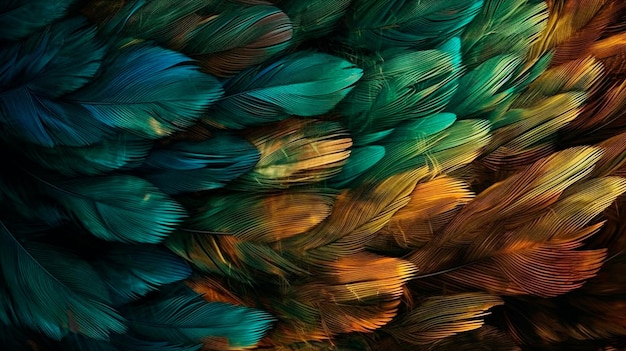 Fondo abstracto con degradados de patrón de plumas y pintura digital de textura en colores azul, verde y dorado Ilustrador generativo de IA