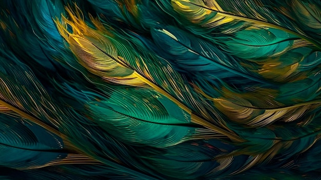 Fondo abstracto con degradados de patrón de plumas y pintura digital de textura en colores azul, verde y dorado Ilustrador generativo de IA