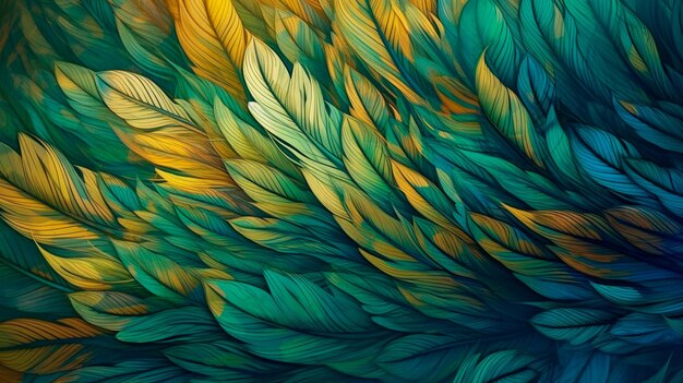 Fondo abstracto con degradados de patrón de plumas y pintura digital de textura en colores azul, verde y dorado Ilustrador generativo de IA