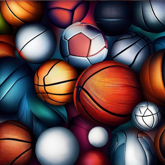 Fondo abstracto con diferentes tipos de balones deportivos utilizados en los deportes de baloncesto béisbol tenis golf fútbol voleibol rugby fútbol americano y bádminton