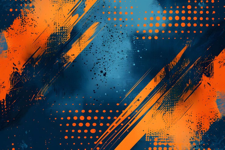 Fondo abstracto dinámico con salpicaduras azules y naranjas