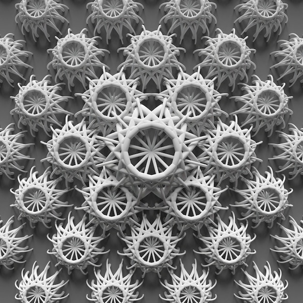 Fondo abstracto, elementos renderizados en 3D están formando un diseño con adornos repetidos