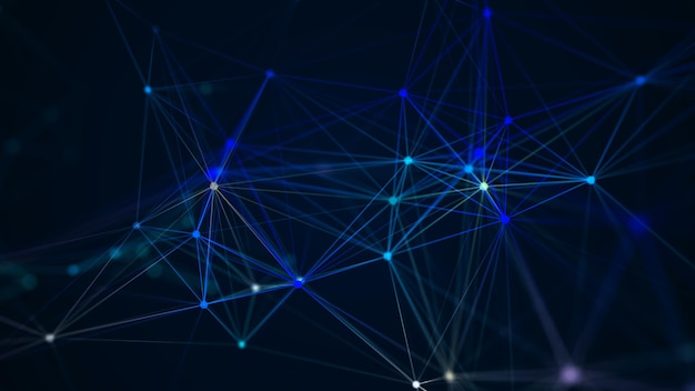 Fondo abstracto con entrelazado de puntos y líneas de colores Estructura de conexión de red Intercambio de datos 3D