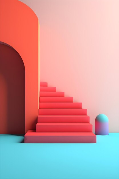 Fondo abstracto con escaleras arco rojo y pared azul AI Generative