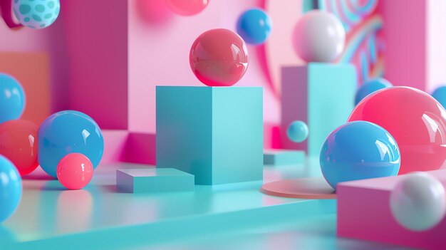 Fondo abstracto con esferas 3D y formas geométricas en azul rosa y azul azulado