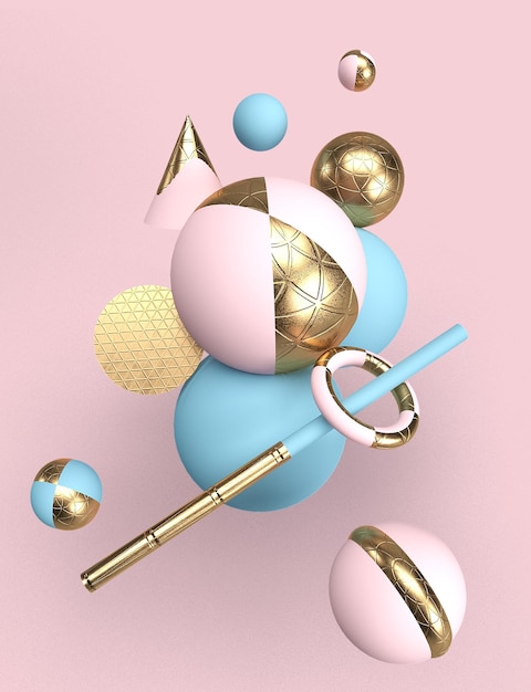 fondo abstracto esferas y sólidos oro rosa y azul 3d render papel tapiz