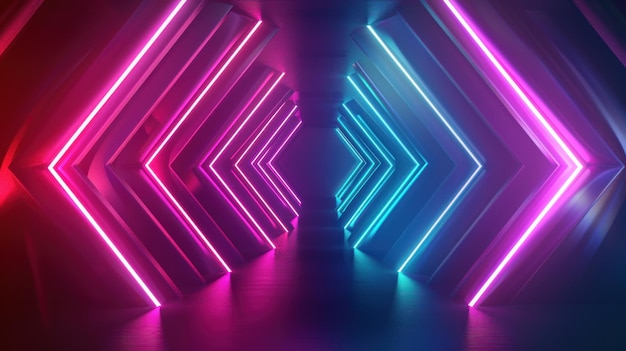 Fondo abstracto de flechas enfrentadas entre sí para salir o entrar en una habitación en colores de neón