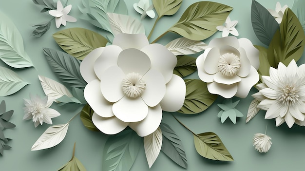 Fondo abstracto floral de flores y hojas de papel IA generativa