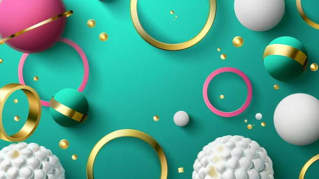 Foto un fondo abstracto con formas geométricas en 3d con un fondo turquesa hemisferios verdes cilindros rosados y blancos o círculos y anillos dorados
