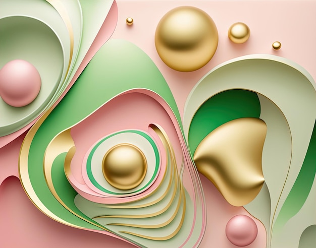 Fondo abstracto con formas geométricas rosa verde y colores dorados 3D