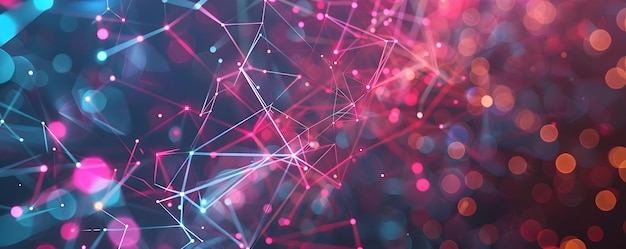 Fondo abstracto con formas geométricas rosadas y azules y luces bokeh