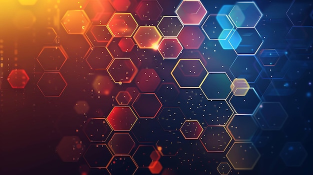 Fondo abstracto con formas hexagonales brillantes en rojo, amarillo y azul