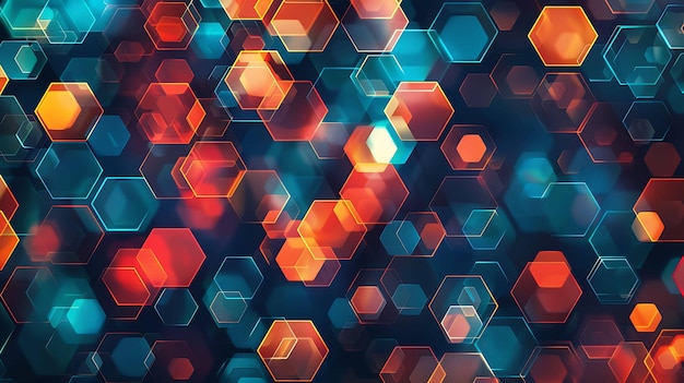 Fondo abstracto con formas hexagonales brillantes en rojo, naranja y azul