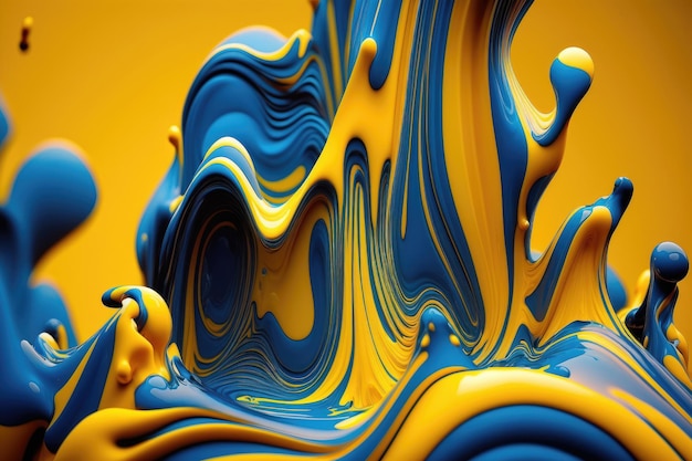Fondo abstracto de gotas de líquido azul y amarillo en la generación de IA de estilo 3d
