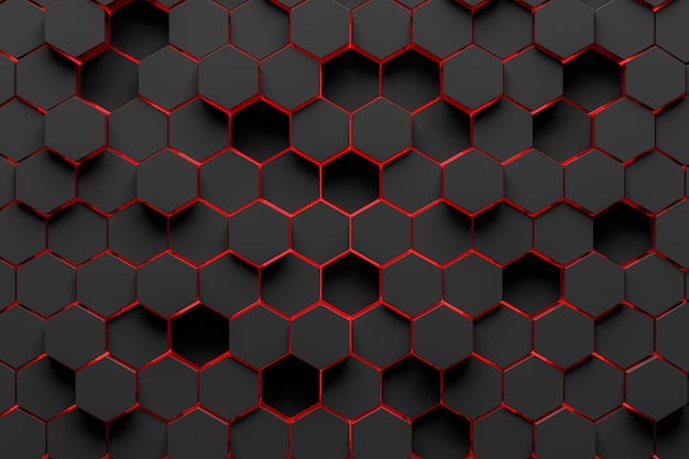 Fondo abstracto hecho de hexágonos negros de diferente altura con bordes rojos. Concepto de creatividad y arte. representación 3d