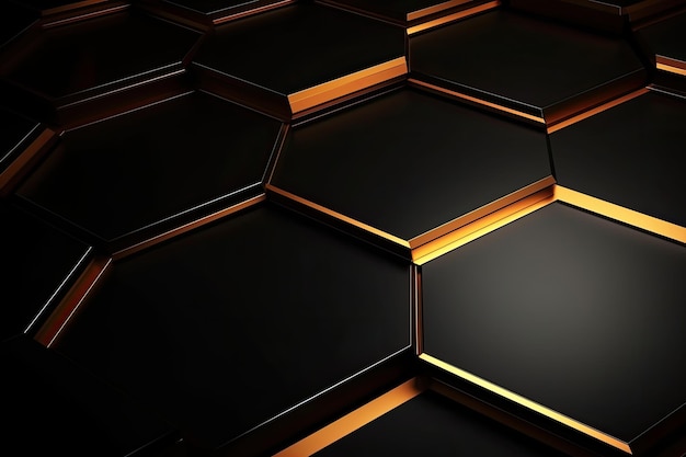 Fondo abstracto hecho de hexágonos negros y dorados 3d render Luxury hexagonal abstracto fondo de metal negro con líneas de luz doradas AI Generado