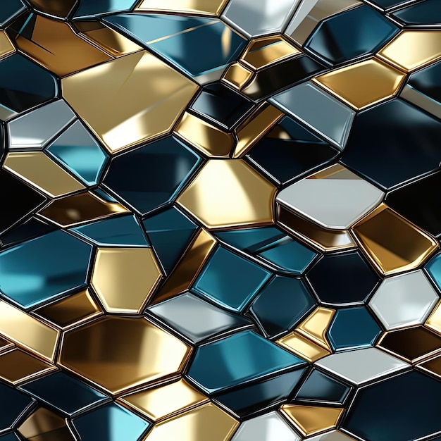 Fondo abstracto hecho de hexágonos de oro azul y plata con azulejos