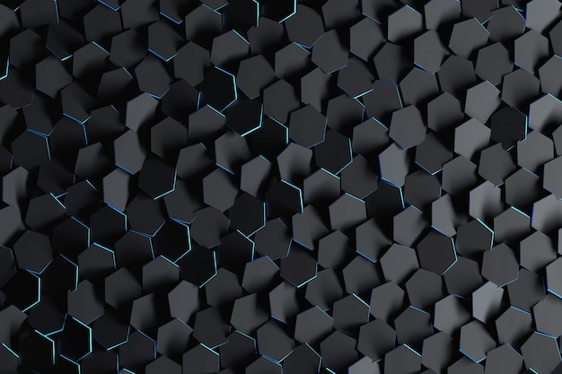 Fondo abstracto con hexágonos aleatoriamente dispuestos negros.