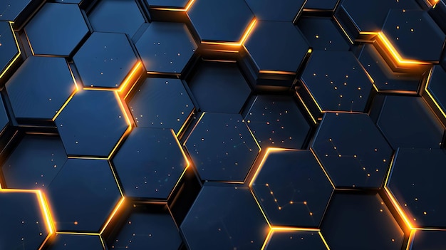 Fondo abstracto de hexágonos brillantes con colores azul oscuro y naranja