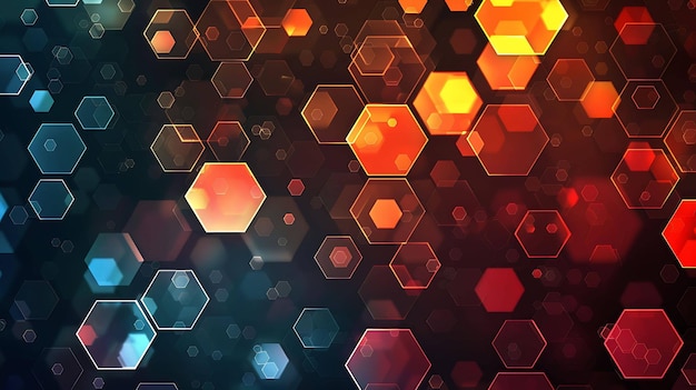 Fondo abstracto con hexágonos brillantes en tonos rojo naranja y azul que crean una sensación de energía y tecnología