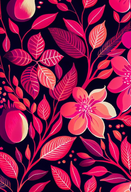 Fondo abstracto de hojas y frutas magenta floral