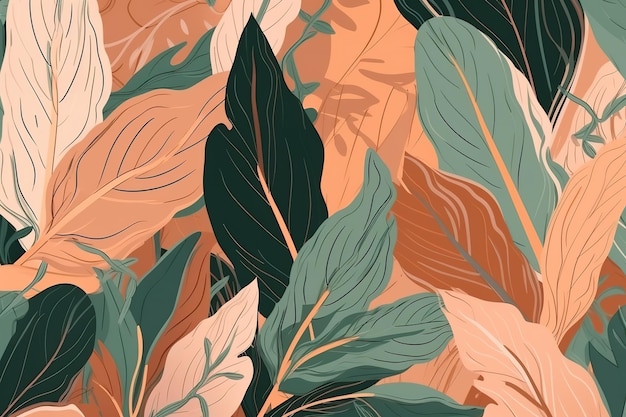 Fondo abstracto de hojas verdes y naranjas tropicalesHermosa impresión minimalista para su decoración para felicitaciones postales y póster IA generativa