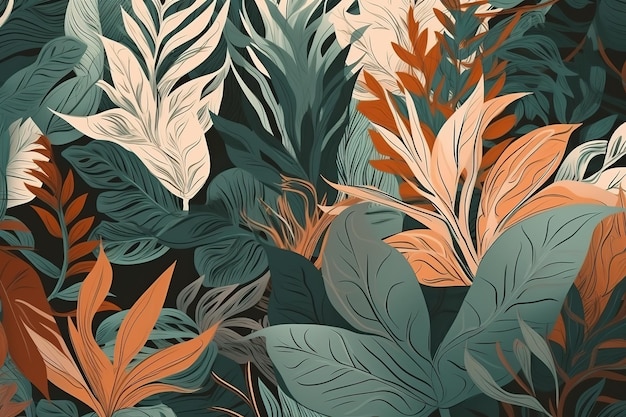 Fondo abstracto de hojas verdes y naranjas tropicalesHermosa impresión minimalista para su decoración para felicitaciones postales y póster IA generativa