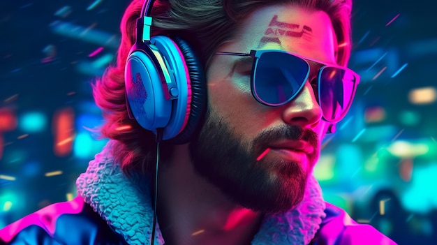 Fondo abstracto con un joven barbudo con auriculares y gafas de sol en las luces de la calle de la ciudad Retrato masculino en colores neón papel tapiz moderno Ilustración horizontal para diseño de banner IA generativa