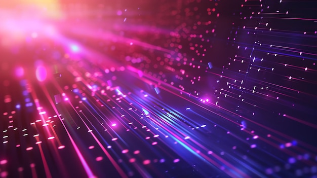 Fondo abstracto con líneas de neón brillantes partículas y cuadrícula Tecnología futurista ciberespacio y concepto de flujo de datos