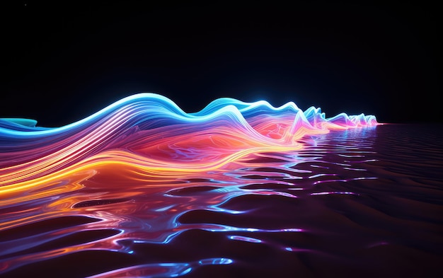 Fondo abstracto con líneas y ondas suaves bioluminiscentes de luz de neón brillante