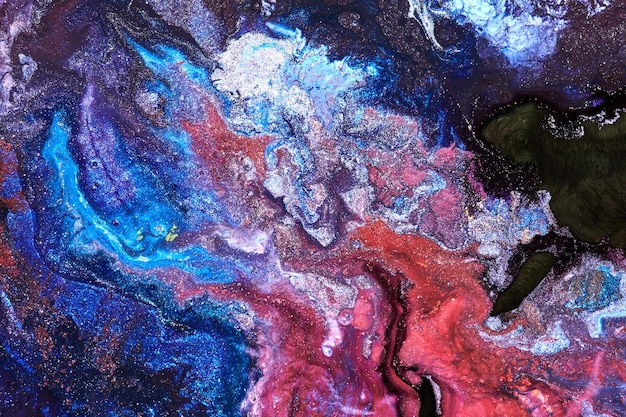 Fondo abstracto de lujo arte líquido Mezcla de tinta de alcohol azul rojo con manchas de pintura dorada Textura de mármol de la superficie del agua de la tierra