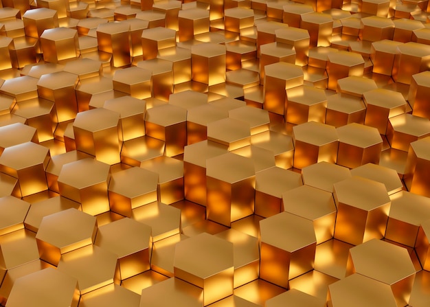 Fondo abstracto de lujo de color de metal dorado de hexágonos geométricos con efecto de desenfoque 3d render