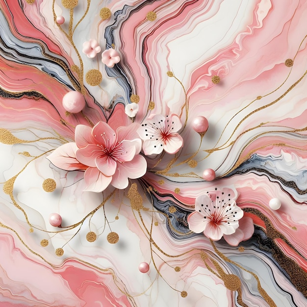 Fondo abstracto de mármol con flores rosas y beige Patrón de mármol líquido