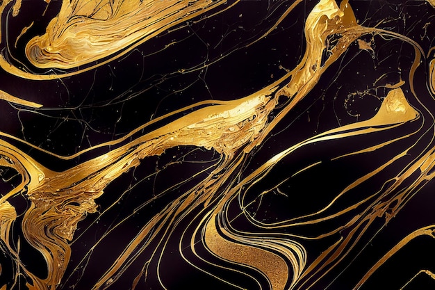 Fondo abstracto de mármol negro y dorado pintura acrílica decorativa vertiendo textura de mármol de roca horiz