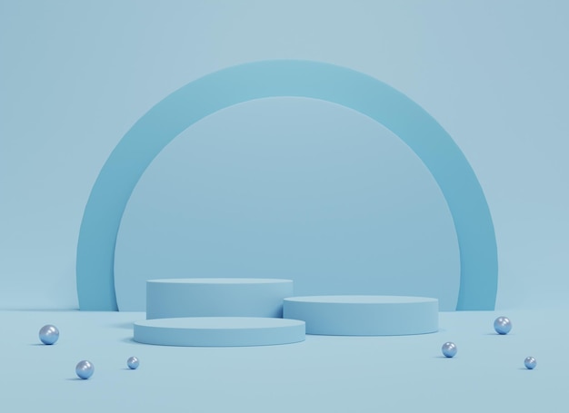 Fondo abstracto mínimo de ilustración 3D y escena de visualización de podio de representación 3D en azul pastel