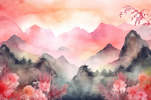 Fondo abstracto de montañas pintorescas en un tono rosaHermosa impresión minimalista para su decoración para postales de felicitación y afiches AI generativa