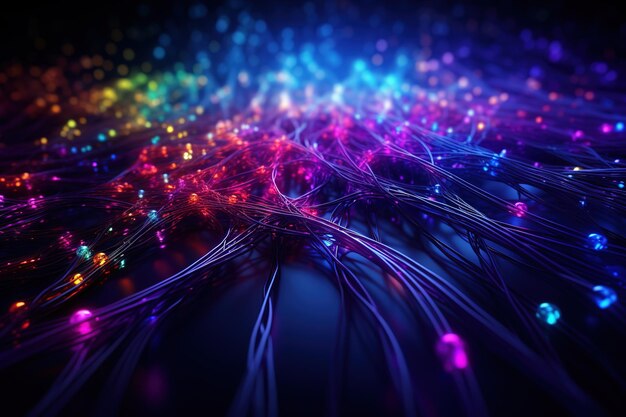 Fondo abstracto multicolor luces de neón brillantes conexión de red de fibra óptica altas tecnologías informáticas grandes bases de datos