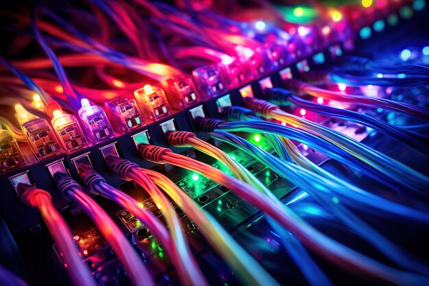 Fondo abstracto multicolor luces de neón brillantes conexión de red de fibra óptica altas tecnologías informáticas grandes bases de datos