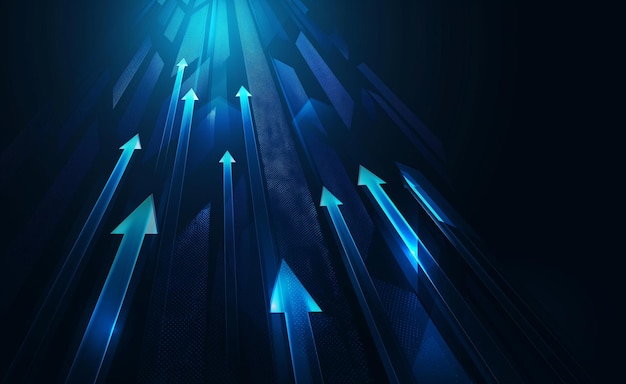 Un fondo abstracto con múltiples flechas azules brillantes que apuntan hacia arriba con un gradiente oscuro