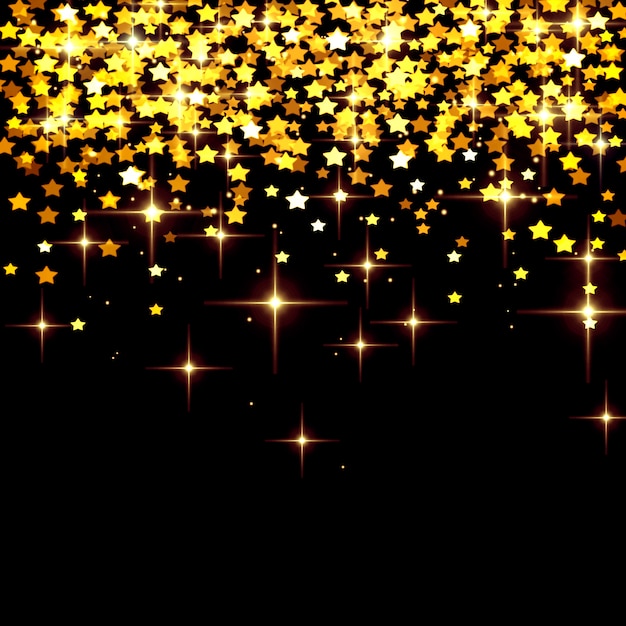 Fondo abstracto de Navidad con confeti dorado cayendo de estrellas amarillas sobre negro