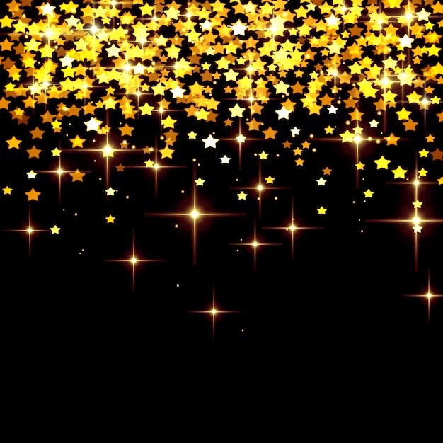 Foto fondo abstracto de navidad con confeti dorado cayendo de estrellas amarillas sobre negro