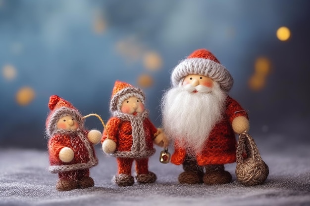 Fondo abstracto de Navidad con Santa Claus y niños tejidos con hilos de tejer Plantilla para tarjeta de felicitación con espacio de copia para texto IA generativa