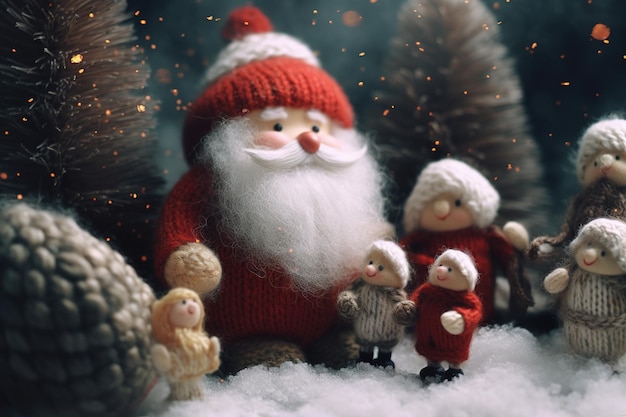 Fondo abstracto de Navidad con Santa Claus y niños tejidos con hilos de tejer Plantilla para tarjeta de felicitación con espacio de copia para texto IA generativa