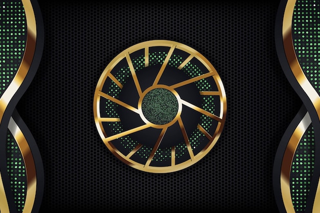 Fondo abstracto negro y dorado con patrón de puntos verdes y formas geométricas