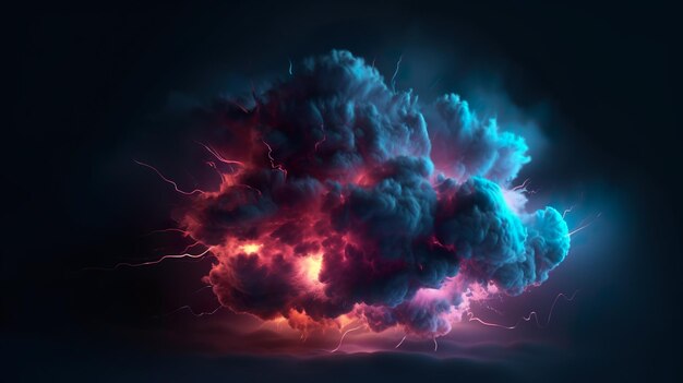 Fondo abstracto con nubes de tormenta oscuras con relámpagos eléctricos brillantes Nube de peligro tormentoso preparándose para la lluvia en un fondo oscuro Ilustración horizontal para el diseño de pancartas IA generativa