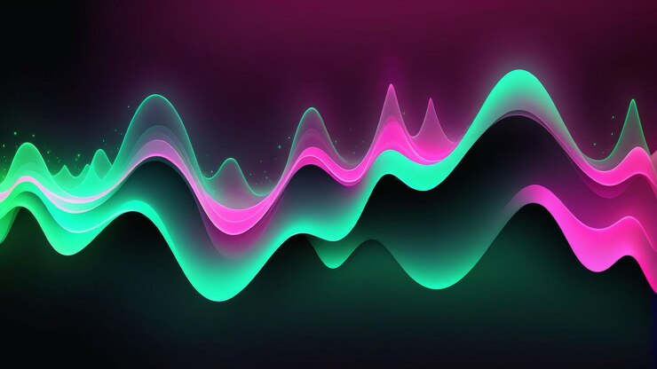 Foto fondo abstracto con ondas brillantes de neón en rosa y verde sobre un fondo oscuro