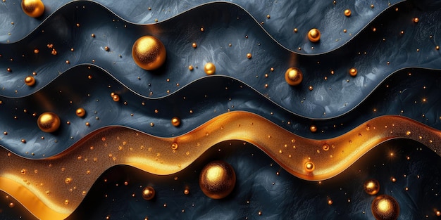 fondo abstracto ondas y esferas en colores negro y dorado con piedra cruda o textura metálica