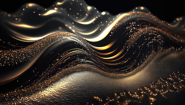 Fondo abstracto de ondas líquidas suaves doradas y partículas brillantes IA generativa