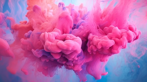 Fondo abstracto con ondas de tinta de pintura líquida en color rosa en el agua Nube de acuarela que fluye y se arremolina Fondo de pantalla moderno artístico Ilustración horizontal para diseño de banner IA generativa