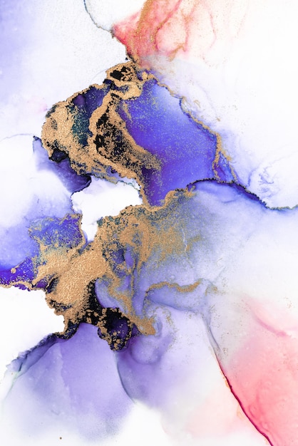 Fondo abstracto de oro púrpura de pintura de arte de tinta líquida de mármol sobre papel.